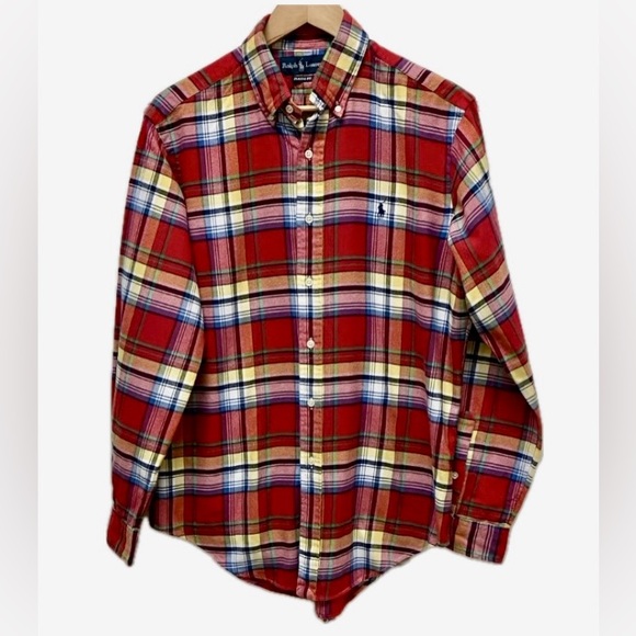 Ralph Lauren button down shirt, cotton flannel plaid, long sleeve, red, yellow M - Picture 1 of 11